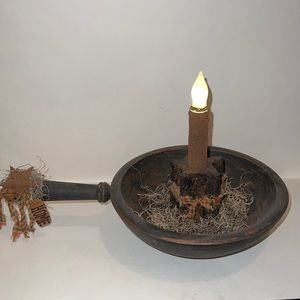 Handmade rustic primitive up cycled wooden bowl with battery candle